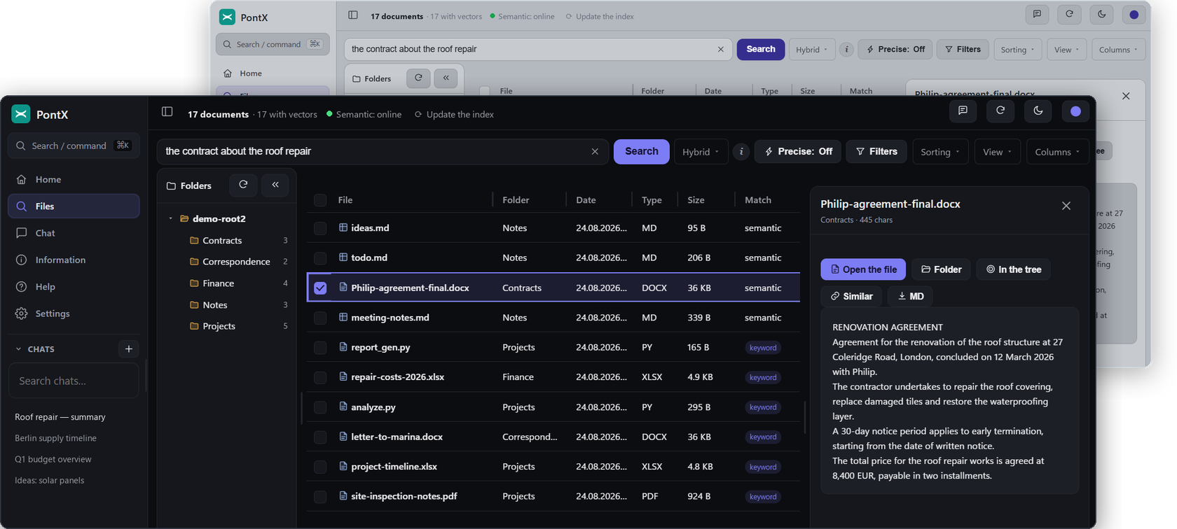 PontX window in dark and light theme: semantic search over local files with preview
