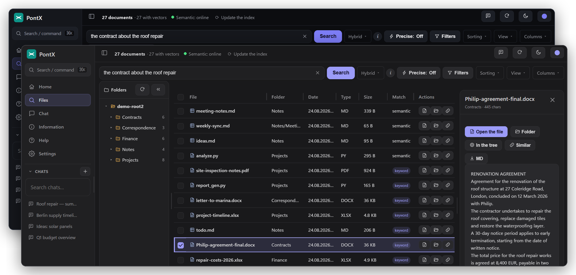 PontX in the dark themes (graphite in front, dark behind): semantic search over local files